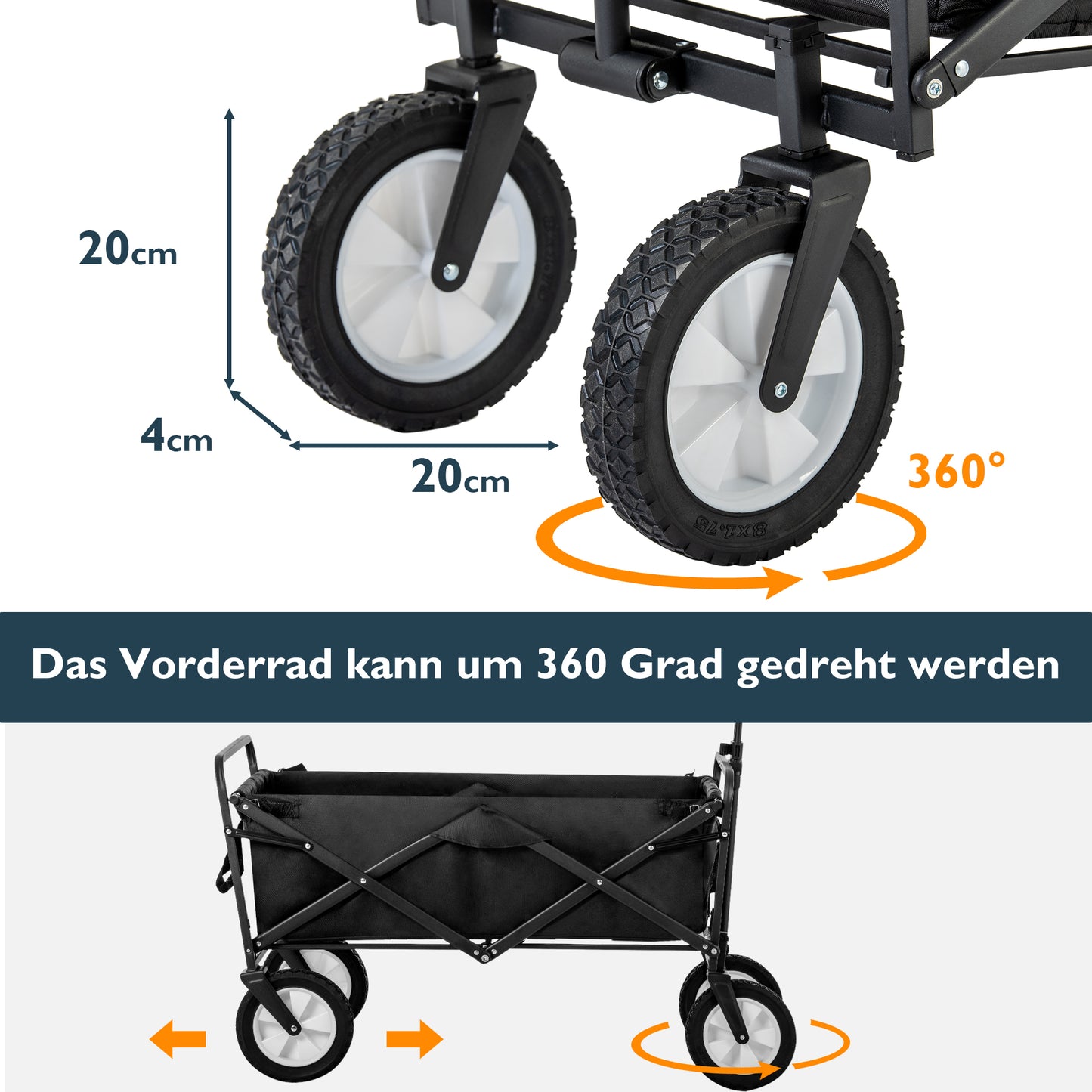 Zusammenklappbarer Station Wagon Outdoor All Terrain Trolley, Faltbarer Bollerwagen Handwagen Gartenwagen, Getränkehalter aus Mesh, verstellbare Griffe, Stofftasche, 360°-Rotation des Vorderrads