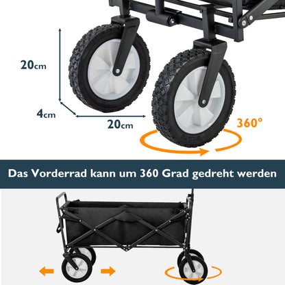 Zusammenklappbarer Station Wagon Outdoor All Terrain Trolley, Faltbarer Bollerwagen Handwagen Gartenwagen, Getränkehalter aus Mesh, verstellbare Griffe, Stofftasche, 360°-Rotation des Vorderrads