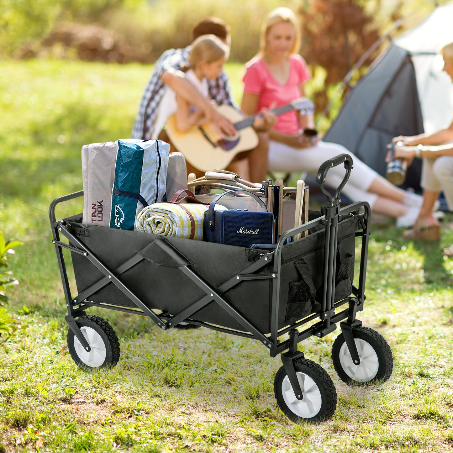 Zusammenklappbarer Station Wagon Outdoor All Terrain Trolley, Faltbarer Bollerwagen Handwagen Gartenwagen, Getränkehalter aus Mesh, verstellbare Griffe, Stofftasche, 360°-Rotation des Vorderrads