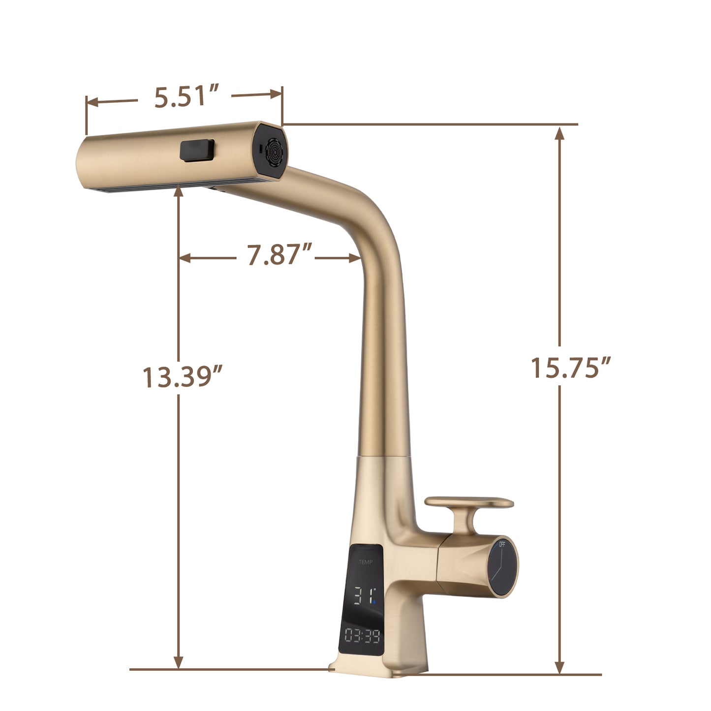 Brushed Gold Waterfall Kitchen Faucet with Temperature Display, Single Handle Kitchen Faucet with Pull Down Sprayer, Modern Kitchen Sink Faucet, Three Water Outlet Modes