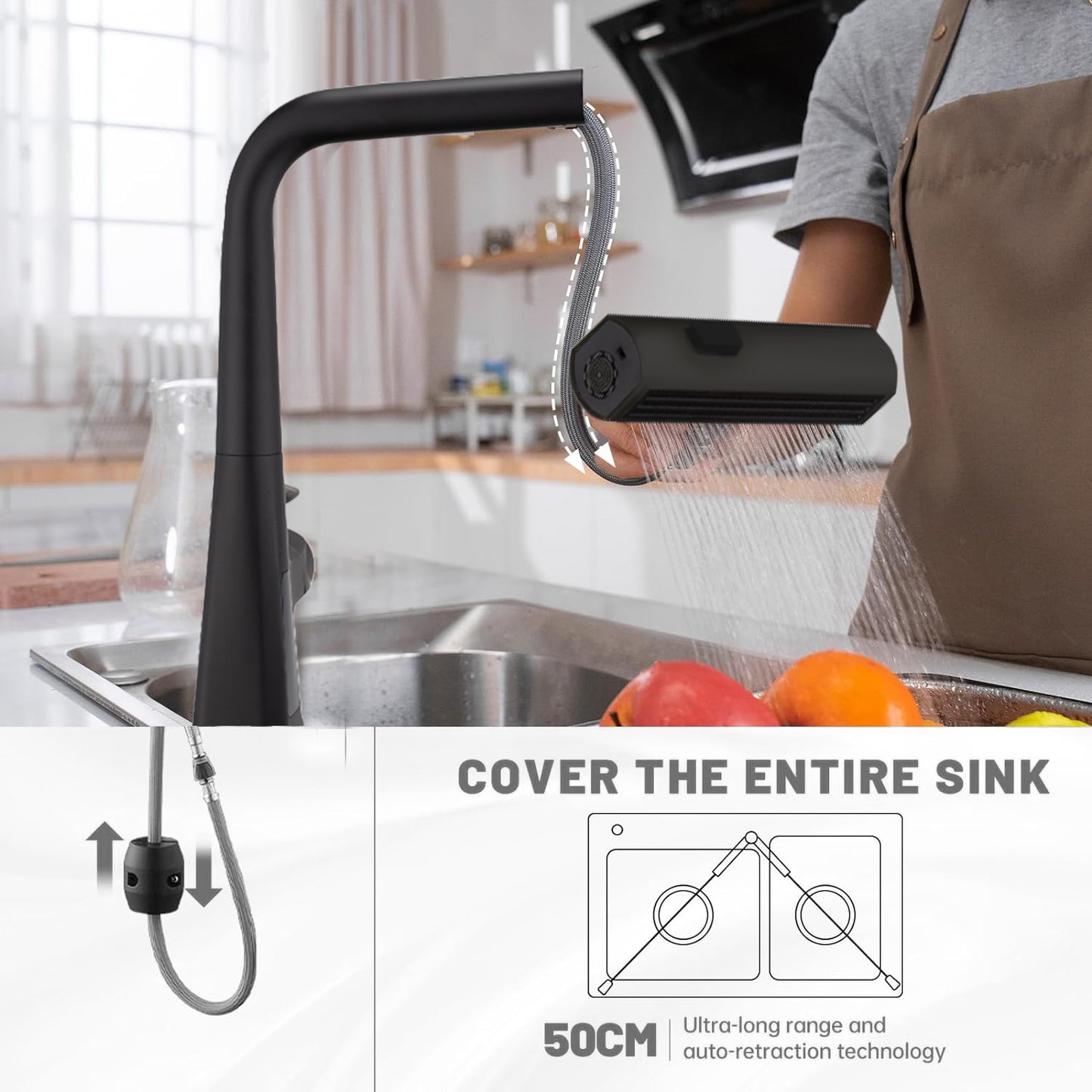 Matte Black Waterfall Kitchen Faucet with Temperature Display, Single Handle Kitchen Faucet with Pull Down Sprayer, Modern Kitchen Sink Faucet, Three Water Outlet Modes