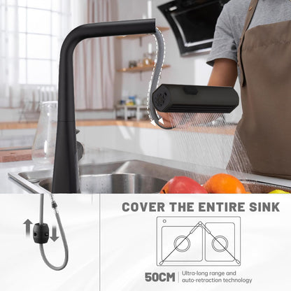 Matte Black Waterfall Kitchen Faucet with Temperature Display, Single Handle Kitchen Faucet with Pull Down Sprayer, Modern Kitchen Sink Faucet, Three Water Outlet Modes