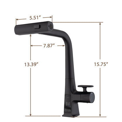 Matte Black Waterfall Kitchen Faucet with Temperature Display, Single Handle Kitchen Faucet with Pull Down Sprayer, Modern Kitchen Sink Faucet, Three Water Outlet Modes