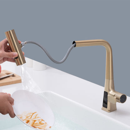 Brushed Gold Waterfall Kitchen Faucet with Temperature Display, Single Handle Kitchen Faucet with Pull Down Sprayer, Modern Kitchen Sink Faucet, Three Water Outlet Modes